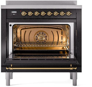 ILVE Nostalgie II 36" Induction Range with Element Stove and Electric Oven in Glossy Black with Brass Trim, UPI366NMPBKG
