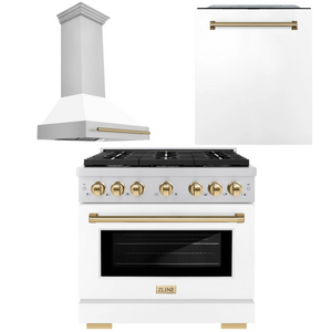 ZLINE Autograph Package - 36 In. Gas Range, Range Hood, Dishwasher in White with Champagne Bronze Accents, 3AKP-RGWMRHDWM36-CB