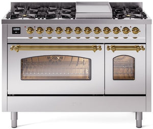 ILVE Nostalgie II 48" Dual Fuel Propane Gas Range in Stainless Steel with Brass Trim, UP48FNMPSSGLP