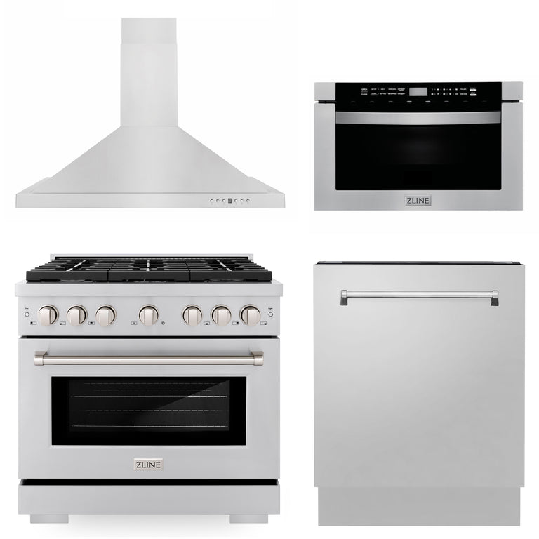 ZLINE Appliance Package - 36 in. Gas Range, Range Hood, Microwave Drawer, 3 Rack Dishwasher, 4KP-SGRRH36-MWDWV