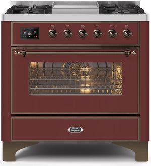 ILVE Majestic II 36" Dual Fuel Propane Gas Range in Burgundy with Bronze Trim, UM09FDNS3BUBLP