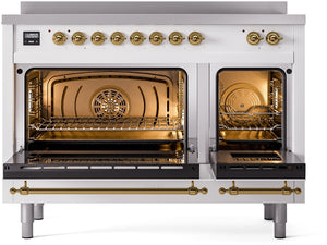 ILVE Nostalgie II 48" Induction Range with Element Stove and Electric Oven in White with Brass Trim, UPI486NMPWHG