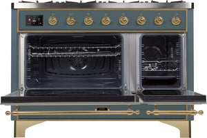 ILVE Majestic II 48" Dual Fuel Natural Gas Range in Blue Grey with Brass Trim, UM12FDNS3BGG