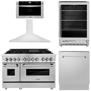ZLINE Appliance Package - 48" Dual Fuel Range, Range Hood, Microwave Drawer, Dishwasher and Beverage Fridge, 5KP-RARH48-MWDWV-RBV