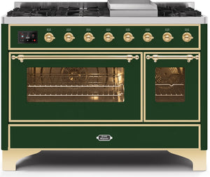 ILVE Majestic II 48" Dual Fuel Natural Gas Range in Emerald Green with Brass Trim, UM12FDNS3EGG