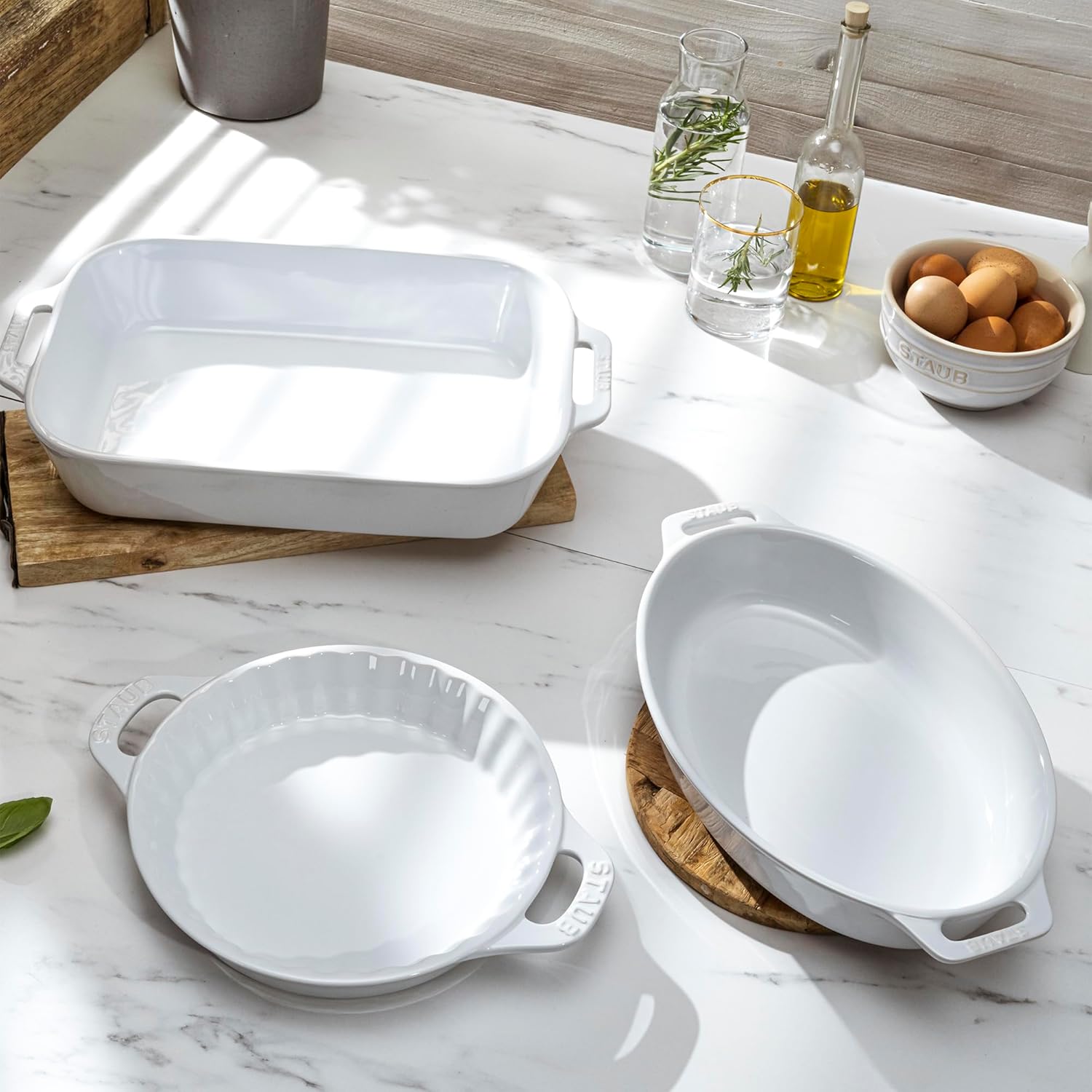 Staub Ceramic 3 Piece Mixed Baking Dish Set in White