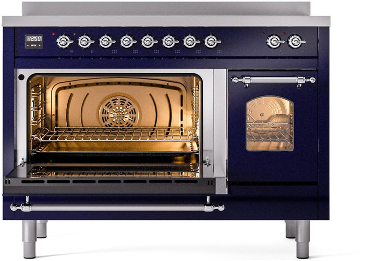 ILVE Nostalgie II 48" Induction Range with Element Stove and Electric Oven in Blue with Chrome Trim, UPI486NMPMBC
