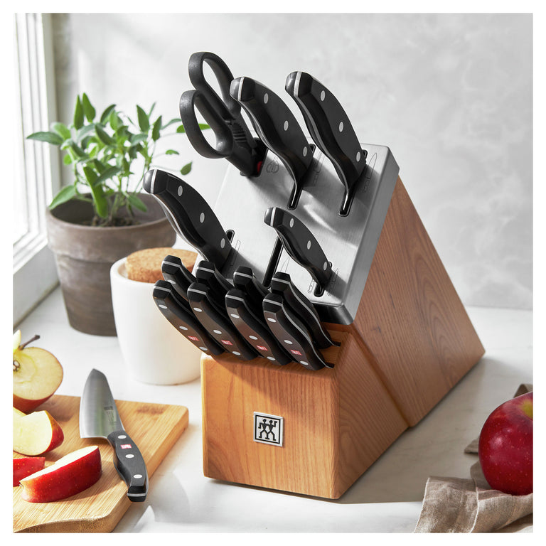 ZWILLING 15pc Self-Sharpening Knife Set in Brown Ash Wood Block, TWIN Signature Series