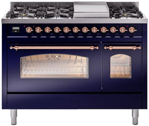 ILVE Nostalgie II 48" Dual Fuel Propane Gas Range in Blue with Copper Trim, UP48FNMPMBPLP