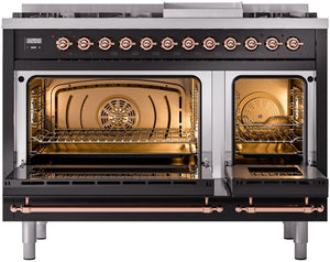 ILVE Nostalgie II 48" Dual Fuel Natural Gas Range in Black with Copper Trim, UP48FNMPBKP