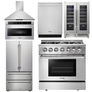 THOR Kitchen Package - 36" Dual Fuel Range, Range Hood, Microwave, Refrigerator, Dishwasher, Wine Cooler, AP-HRD3606U-8