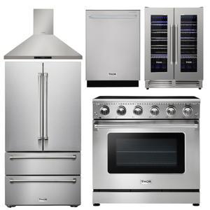 THOR Kitchen Package - 36" Electric Range, Range Hood, Refrigerator, Dishwasher, Wine Cooler, AP-HRE3601-4