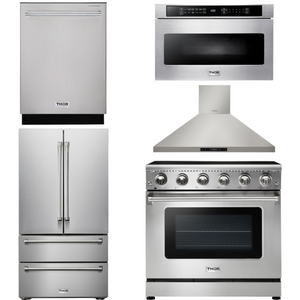 THOR Kitchen Package - 36" Electric Range, Range Hood, Microwave, Refrigerator, Dishwasher, AP-HRE3601-7