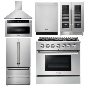 THOR Kitchen Package - 36" Gas Range, Range Hood, Microwave, Refrigerator, Dishwasher, Wine Cooler, AP-HRG3618U-8