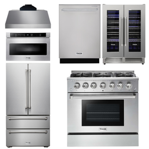 THOR Kitchen Package - 36" Gas Range, Range Hood, Microwave, Refrigerator, Dishwasher, Wine Cooler, AP-HRG3618U-C-6