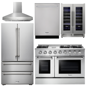 THOR Kitchen Package - 48" Gas Range, Range Hood, Refrigerator, Dishwasher, Wine Cooler, AP-HRG4808U-W-3