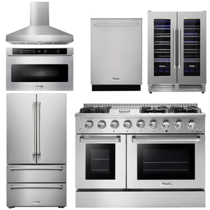 THOR Kitchen Package - 48" Gas Range, Range Hood, Refrigerator, Dishwasher, Microwave, Wine Cooler, AP-HRG4808U-W-6