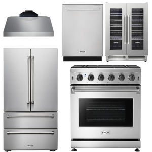 THOR Kitchen Package - 30" Gas Range, Range Hood, Refrigerator, Dishwasher, Wine Cooler, AP-LRG3001U-C-3