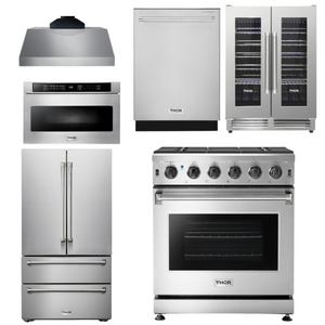 THOR Kitchen Package - 30" Gas Range, Range Hood, Microwave, Refrigerator, Dishwasher, Wine Cooler, AP-LRG3001U-C-6