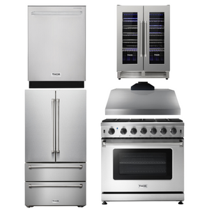 THOR Kitchen Package - 36" Gas Range, Range Hood, Refrigerator, Dishwasher, Wine Cooler, AP-LRG3601U-C-3