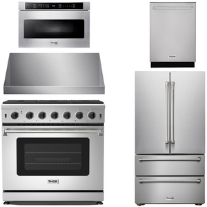 THOR Kitchen Package - 36" Gas Range, Range Hood, Microwave, Refrigerator with Water and Ice Dispenser, Dishwasher, AP-LRG3601U-C-9