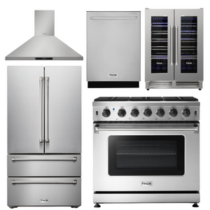 THOR Kitchen Package - 36" Propane Gas Range, Range Hood, Refrigerator, Dishwasher, Wine Cooler, AP-LRG3601ULP-4
