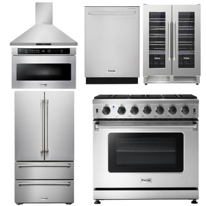 THOR Kitchen Package - 36" Propane Gas Range, Range Hood, Microwave, Refrigerator, Dishwasher, Wine Cooler, AP-LRG3601ULP-8