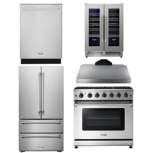 THOR Kitchen Package - 36" Propane Gas Range, Range Hood, Refrigerator, Dishwasher, Wine Cooler, AP-LRG3601ULP-C-3
