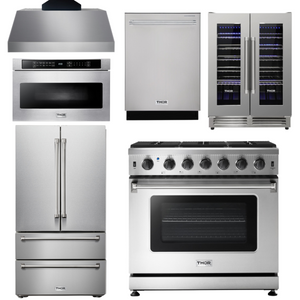 THOR Kitchen Package - 36" Propane Gas Range, Range Hood, Microwave, Refrigerator, Dishwasher, Wine Cooler, AP-LRG3601ULP-C-6
