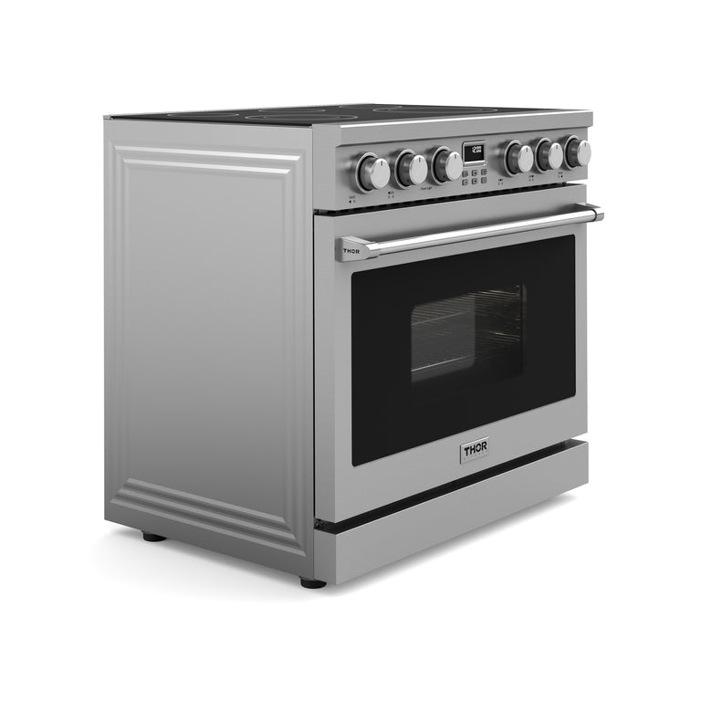 Thor Contemporary Package - 36" Electric Range, Range Hood, Refrigerator, Dishwasher, Microwave and Wine Cooler, Thor-AP-ARE36-C142
