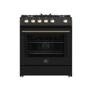 FORNO Espresso Leonardo 30" 5 cu. ft. Gas Range in Black with Antique Brass Handles, FFSGS1116-30BLK