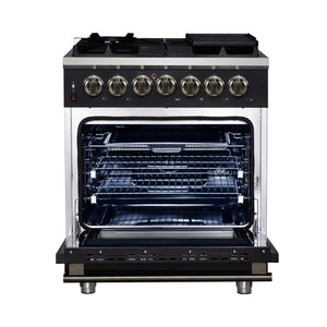 FORNO Massimo 30" 4.32 cu. ft. Freestanding Dual Fuel Range with 5 Sealed Burners, Air Fryer Kit, Wok Support & Griddle in Black with Antique Brass Accents, FFSGS6125-30BLK