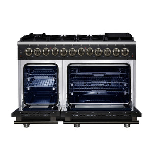 FORNO Massimo 48" 6.58 cu. ft. Freestanding Dual Fuel Range with 8 Sealed Burners, Air Fryer Kit, Wok Support & Griddle in Black with Antique Brass Accents, FFSGS6125-48BLK
