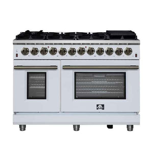 FORNO Massimo 48" 6.58 cu. ft. Freestanding Dual Fuel Range with 8 Sealed Burners, Air Fryer Kit, Wok Support & Griddle in White with Antique Brass Accents, FFSGS6125-48WHT