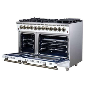 FORNO Massimo 48" 6.58 cu. ft. Freestanding Dual Fuel Range with 8 Sealed Burners, Air Fryer Kit, Wok Support & Griddle in White with Antique Brass Accents, FFSGS6125-48WHT