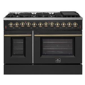 FORNO Galiano 48" 6.58 cu. ft. Dual Fuel Range with 8 Sealed Burners and Griddle in Black with Antique Brass Accents, FFSGS6156-48BLK
