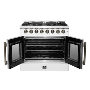 FORNO Galiano 36" 5.36 cu. ft. French Door Dual Fuel Range with 6 Sealed Burners in White with Antique Brass Accents, FFSGS6356-36WHT