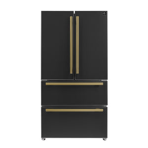FORNO Espresso Moena 36" 19.2 cu. ft. Counter Depth Refrigerator with Ice Maker in Black with Antique Brass Handles, FFRBI1820-36BLK