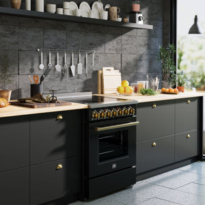 FORNO Paolo Package - 30" Electric Range, Over-The-Range Microwave, 36" Refrigerator with Ice Maker and Dishwasher in Black with Antique Brass Accents, AP4-6011BLK-A12