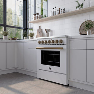FORNO Paolo Package - 30" Electric Range, Over-The-Range Microwave, 30" Refrigerator with Ice Maker and Dishwasher in White with Antique Brass Accents, AP4-6011WHT-A10