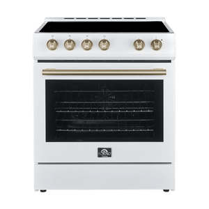 FORNO Espresso Package - 30" Electric Range and Refrigerator in White with Antique Brass Handles