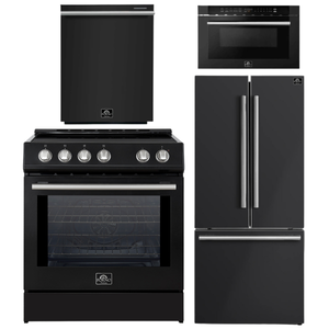 FORNO Espresso Package - 30" Induction Range, 30" Refrigerator with Ice Maker, Dishwasher and 24" Microwave Drawer in Black with Silver Accents