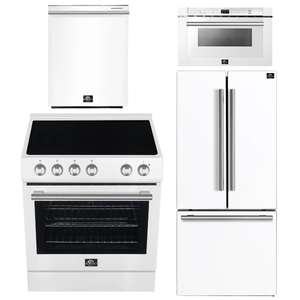 FORNO Espresso Package - 30" Electric Range, 30" Refrigerator with Ice Maker, Dishwasher and 24" Microwave Drawer in White with Silver Accents