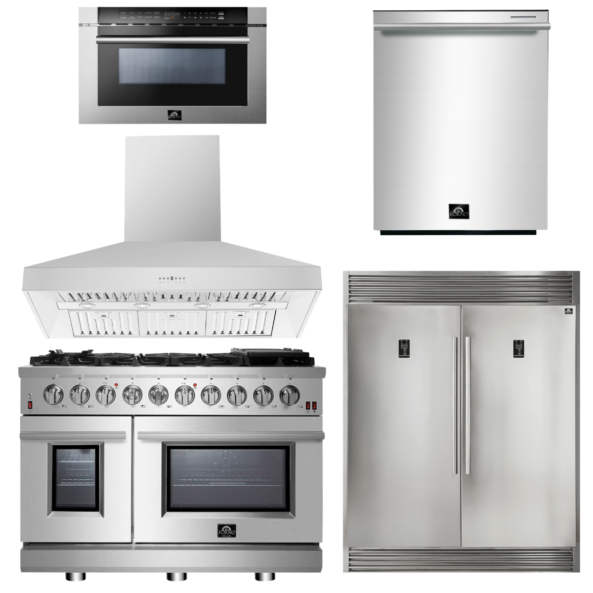 Forno Appliance Package 48" Gas Range, Range Hood, 60" Refrigerator