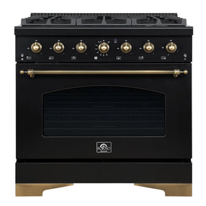 FORNO Antico 36" 4.5 cu. ft. Dual Fuel Range with 6 Sealed Burners in Black with Antique Brass Accents, FFSGS6113-36BLK