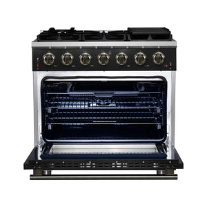 FORNO Massimo 36" 5.36 cu. ft. Freestanding Gas Range with 6 Sealed Burners, Air Fryer Kit, Wok Support & Griddle in Black with Antique Brass Accents, FFSGS6239-36BLK