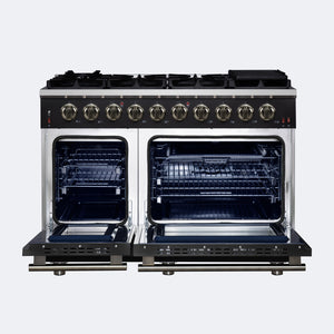 FORNO Massimo 48" 6.58 cu. ft. Freestanding Gas Range with 8 Sealed Burners, Air Fryer Kit, Wok Support & Griddle in Black with Antique Brass Accents, FFSGS6239-48BLK
