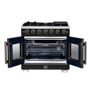 FORNO Capriasca 36" 5.36 cu. ft. French Door Gas Range with 6 Brass Burners, Air Fryer Kit, Rotisserie Kit, Wok Support & Griddle in Black with Antique Brass Accents, FFSGS6460-36BLK