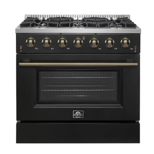 FORNO Galiano 36" 5.36 cu. ft. Gas Range with 6 Sealed Burners in Black with Antique Brass Accents, FFSGS6244-36BLK