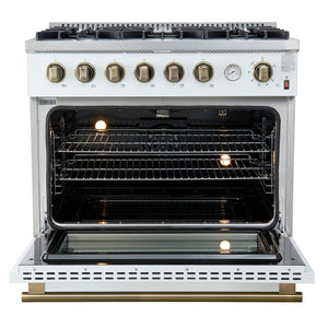 FORNO Marco 36" 5.36 cu.ft. Gas Range with 6 Burners and Temperature Gauge in White with Antique Brass Accents, FFSGS6277-36WHT